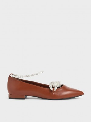 Charles & Keith Beaded Mary Jane Flats Kahverengi | GLUT-10538