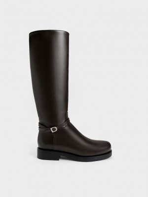 Charles & Keith Belted Knee-High Boots Koyu Kahverengi | VUKF-34016