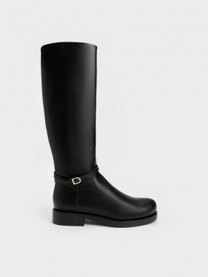 Charles & Keith Belted Knee-High Boots Siyah | CGAP-24698