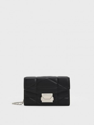 Charles & Keith Blanche Chevron Chain-Askılı Clutch Siyah | GWCL-36194