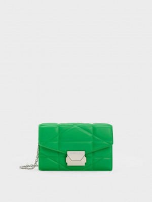 Charles & Keith Blanche Chevron Chain-Askılı Clutch Yeşil | EHKU-10563