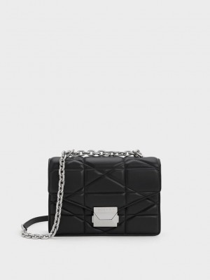 Charles & Keith Blanche Chevron Chain Handle Bag Siyah | XHNY-57143