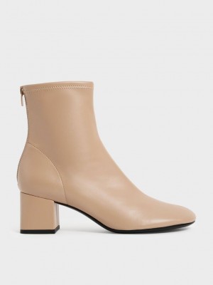 Charles & Keith Block Heel Ankle Boots Bej Rengi | PLRV-27943