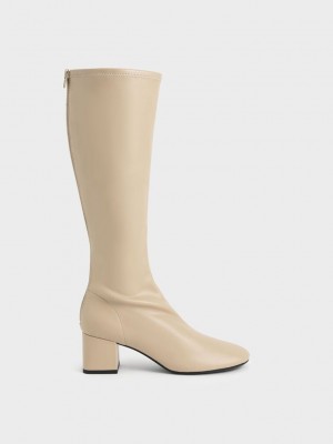 Charles & Keith Block Heel Knee Boots Kahverengi | QVZR-37096