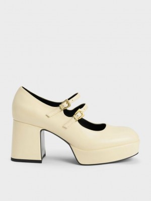 Charles & Keith Block Heel Mary Janes Sarı | NJQP-51238