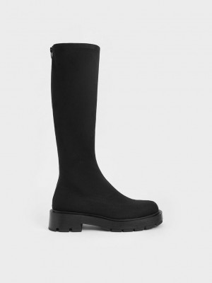 Charles & Keith Block Heel Textured Knee-High Boots Siyah | ASCW-17950