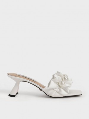 Charles & Keith Blythe Bead-Embellished Satin Mules Beyaz | WILP-28793