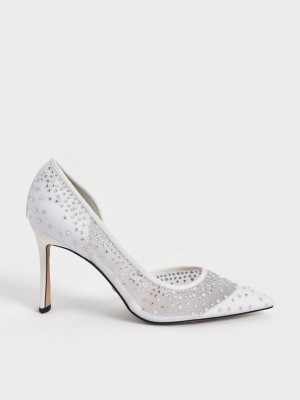 Charles & Keith Blythe Mesh Embellished Half-D'Orsay Pumps Beyaz | XPGW-93857