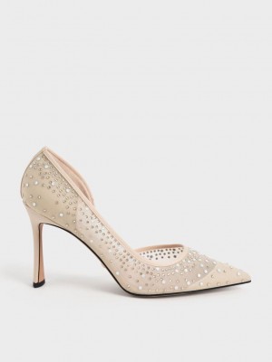 Charles & Keith Blythe Mesh Embellished Half-D'Orsay Pumps Bej Rengi | TJUR-62049