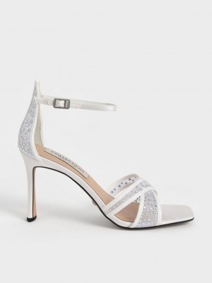 Charles & Keith Blythe Mesh & Satin Embellished Sandals Beyaz | GBUF-91672
