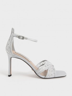Charles & Keith Blythe Mesh & Satin Embellished Sandals Gümüş | TDKG-51634