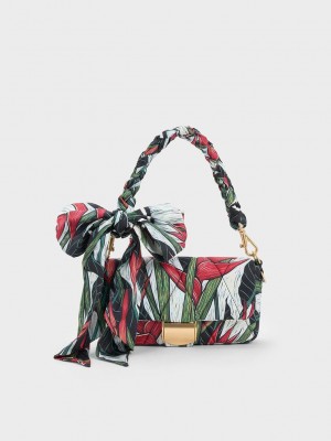 Charles & Keith Botanical Print Fabric Wrapped Handle Bag Kırmızı | IVDA-24769