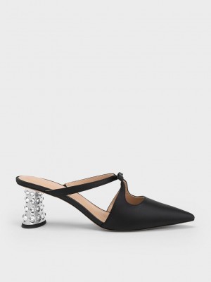 Charles & Keith Bow Crossover Gem-Embellished Mules Siyah | ITBV-57240