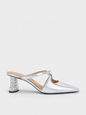 Charles & Keith Bow Crossover Gem-Embellished Mules Gümüş | VQFE-24159