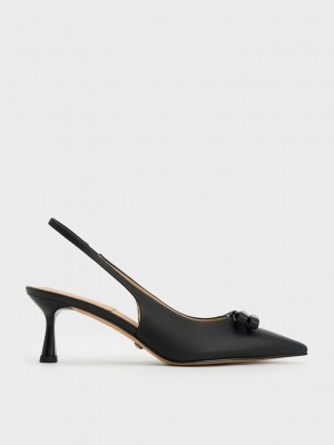 Charles & Keith Bow Crystal-Embellished Deri Arkası Açık Pumps Siyah | IQZX-70395