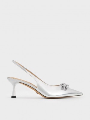 Charles & Keith Bow Crystal-Embellished Metallic Deri Arkası Açık Pumps Gümüş | VTQR-41562
