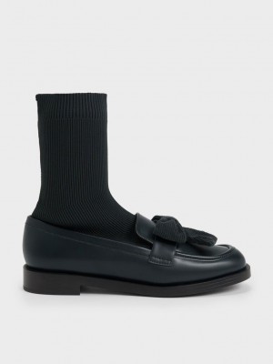 Charles & Keith Bow Örme Sock Loafer Boots Koyu Yeşil | PFOI-61078