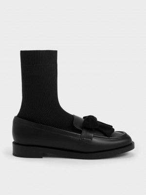 Charles & Keith Bow Örme Sock Loafer Boots Siyah | OVJW-80914