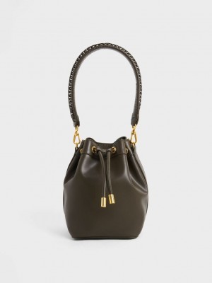 Charles & Keith Braided-Handle Drawstring Bucket Bag Koyu | SUQF-85071