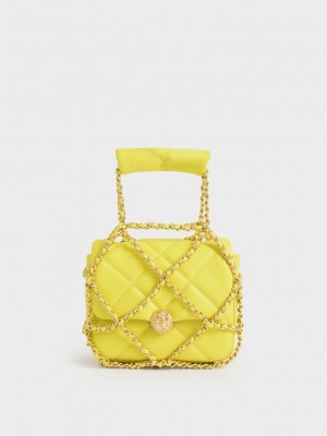 Charles & Keith Braided Chain-Handle Kapitone Evening Clutch Açık Yeşil | JAEU-60718