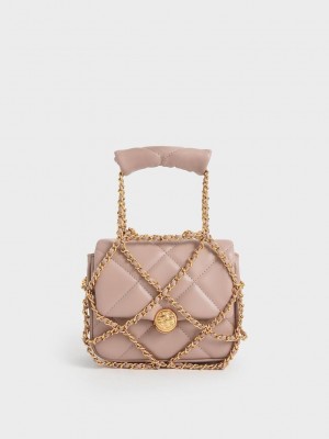 Charles & Keith Braided Chain-Handle Kapitone Evening Clutch Bej Rengi | VLXS-47631