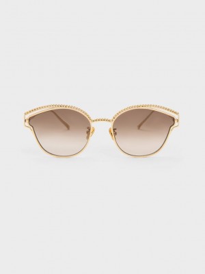 Charles & Keith Braided Wire-Frame Cateye Sunglasses Altın | DAGX-03649