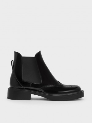 Charles & Keith Brogue Deri Chelsea Boots Siyah | HRVF-96281
