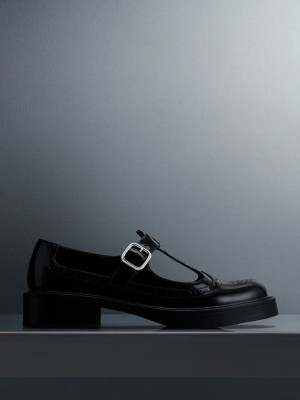 Charles & Keith Brogue Deri T-Bar Mary Janes Siyah | BJLQ-18946