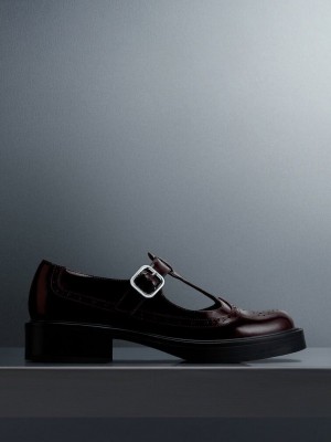 Charles & Keith Brogue Deri T-Bar Mary Janes Bordo | AWRM-93821