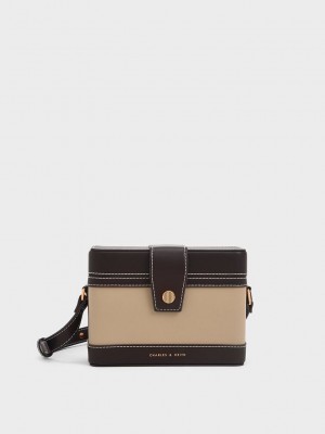 Charles & Keith Bronte Contrast-Trim Boxy Crossbody Bag Kahverengi | HVRA-13540