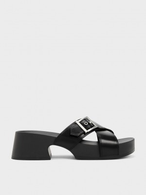 Charles & Keith Buckled Crossover Platform Sandals Siyah | AJQS-05362