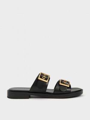 Charles & Keith Buckled Double Askılı Terlik Sandals Siyah | ROWB-75032