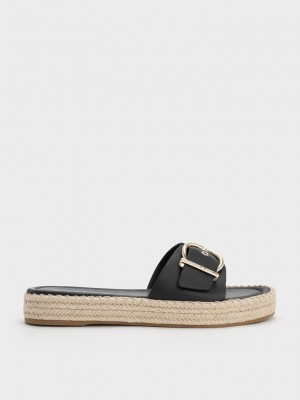 Charles & Keith Buckled Espadril Düz Sandals Siyah | JKMH-76394