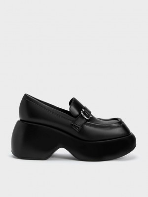 Charles & Keith Buckled Platform Penny Loafers Siyah | NRWS-56108
