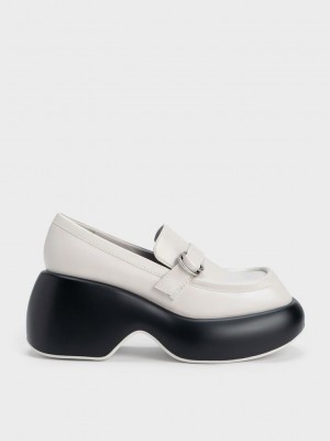 Charles & Keith Buckled Platform Penny Loafers Beyaz | DQVR-81263