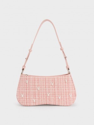 Charles & Keith Bunny Tweed Shoulder Bag Pembe | YROG-57106