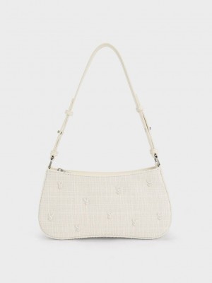 Charles & Keith Bunny Tweed Shoulder Bag Pembe | DUGR-16892