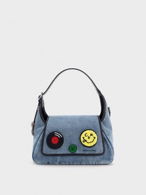 Charles & Keith Buzz Embroidered Patch Front Flap Hobo Bag Mavi | ZPOU-31069