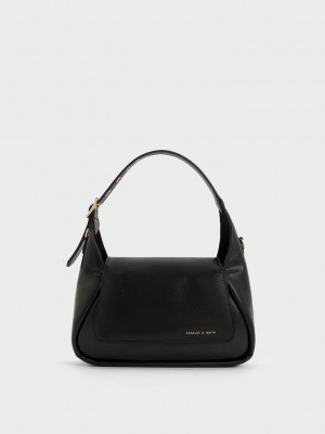 Charles & Keith Buzz Front Flap Hobo Bag Siyah | JESX-75603