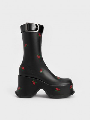 Charles & Keith Carlisle Floral Platform Boots Siyah | VLOW-38075