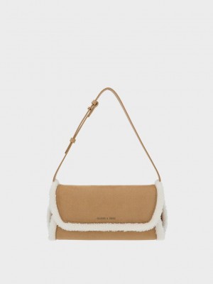 Charles & Keith Cassiopeia Textured Fur-Trim Shoulder Bag Kahverengi | FKSY-56379