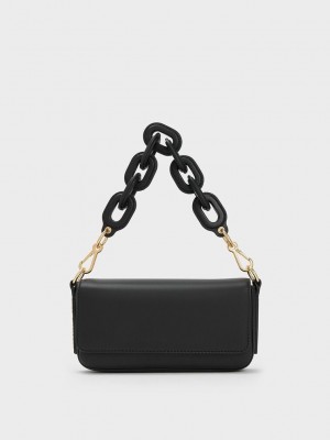 Charles & Keith Catena Front Flap Bag Siyah | NVSW-21869