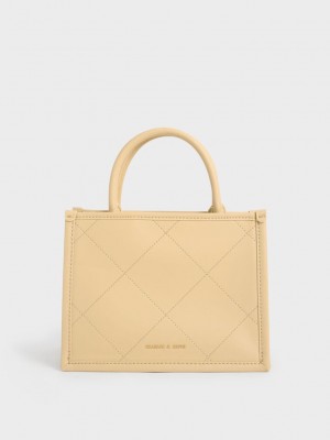 Charles & Keith Celia Kapitone Double Handle Tote Bag Bej Rengi | PTUO-49602