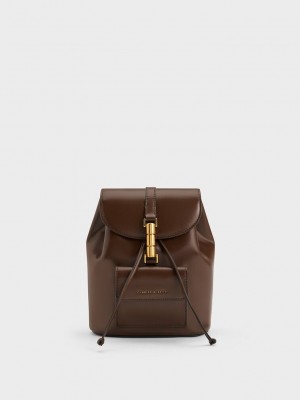 Charles & Keith Cesia Metallic Accent Backpack Koyu Kahverengi | LNFK-89173