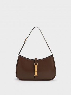 Charles & Keith Cesia Metallic Accent Shoulder Bag Koyu Kahverengi | QUYN-13742
