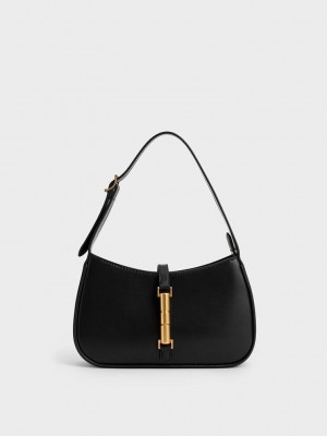 Charles & Keith Cesia Metallic Accent Shoulder Bag Siyah | XHDM-23976
