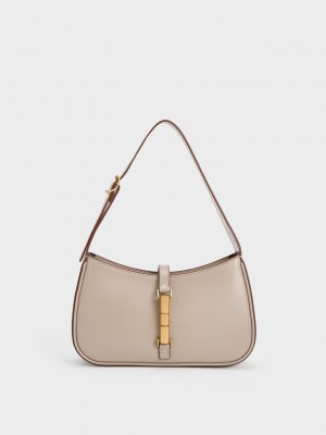 Charles & Keith Cesia Metallic Accent Shoulder Bag Gri Kahverengi | TPZU-39705