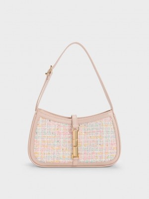 Charles & Keith Cesia Metallic Accent Tweed Shoulder Bag Pembe | NRCM-47910