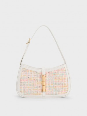 Charles & Keith Cesia Metallic Accent Tweed Shoulder Bag Beyaz | GAFD-34162
