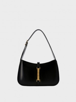 Charles & Keith Cesia Rugan Metallic Accent Shoulder Bag Siyah | DUQN-40762